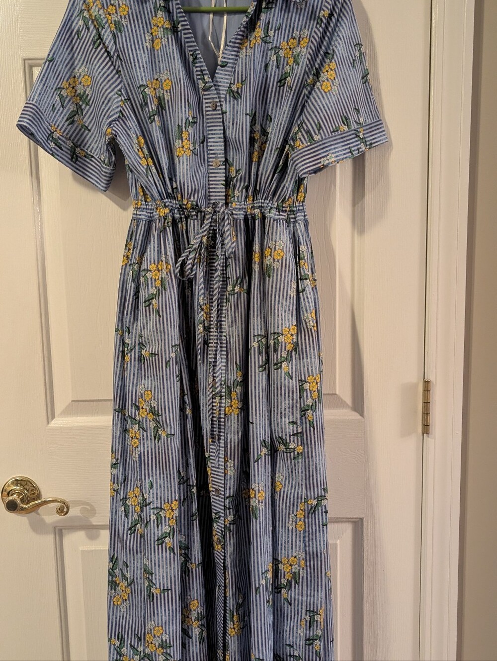 Blue Stripe & Yellow Floral Button-Front Maxi Dress With pockets